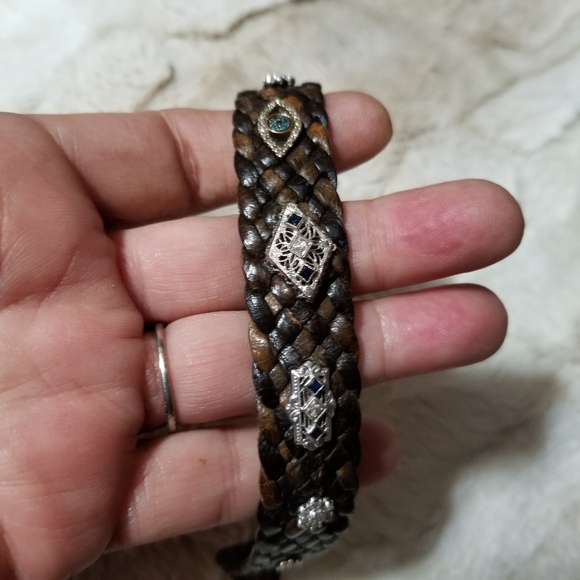 LEATHER 18/14K ANTIQUE DIAMOND SAPPHIRE BRACELET - Picture 4 of 11